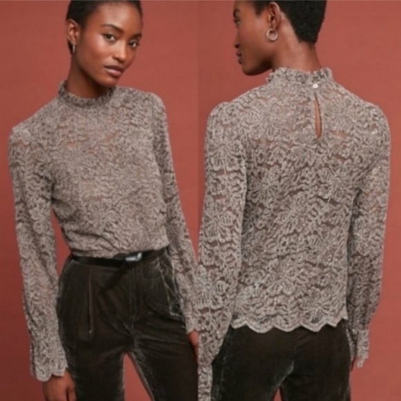Anthropologie Tops - Anthropologie Eri + Ali Lace Taupe Eyelit High Neck Peasant Style Blouse Size S